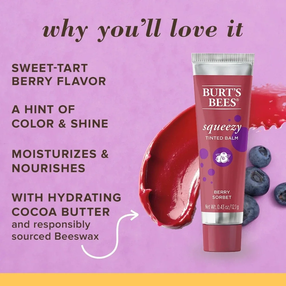 Burt's Bees Squeezy Tinted Lip Balm Berry Sorbet Beeswax Moisturizing NEW
